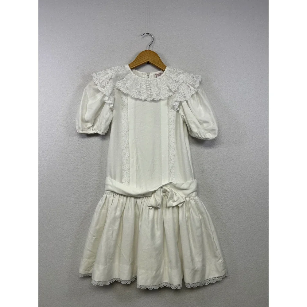 Vintage  Dorissa International Nicole Girls 10 Ivory Lace Drop Waist Dress